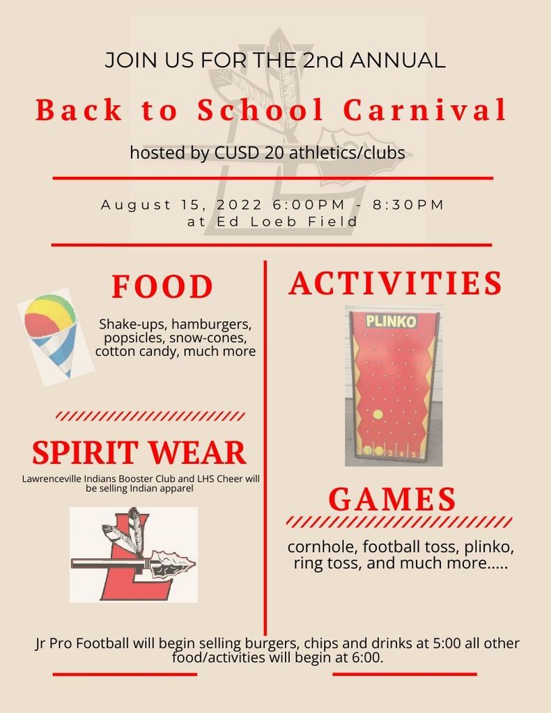 Meet Your Teacher will be held from 5:30-6:30 on Monday, August 15th.  The Back to School Carnival will follow from  6-8:30.